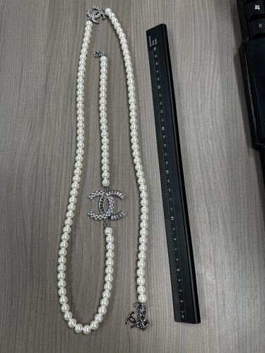 Fashion Top quality Full Pearls Silver Sweater Chain Necklace with studded Diamonds Alphabets CCXL-91200118 photo review